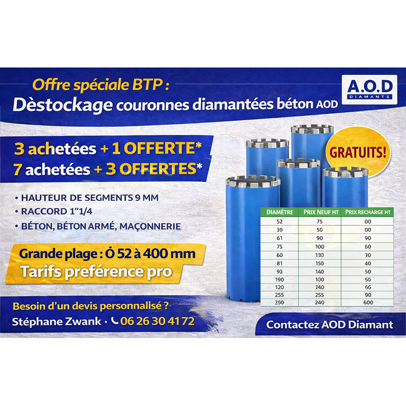 Offre spéciale BTP : déstockage couronnes diamantées béton AOD