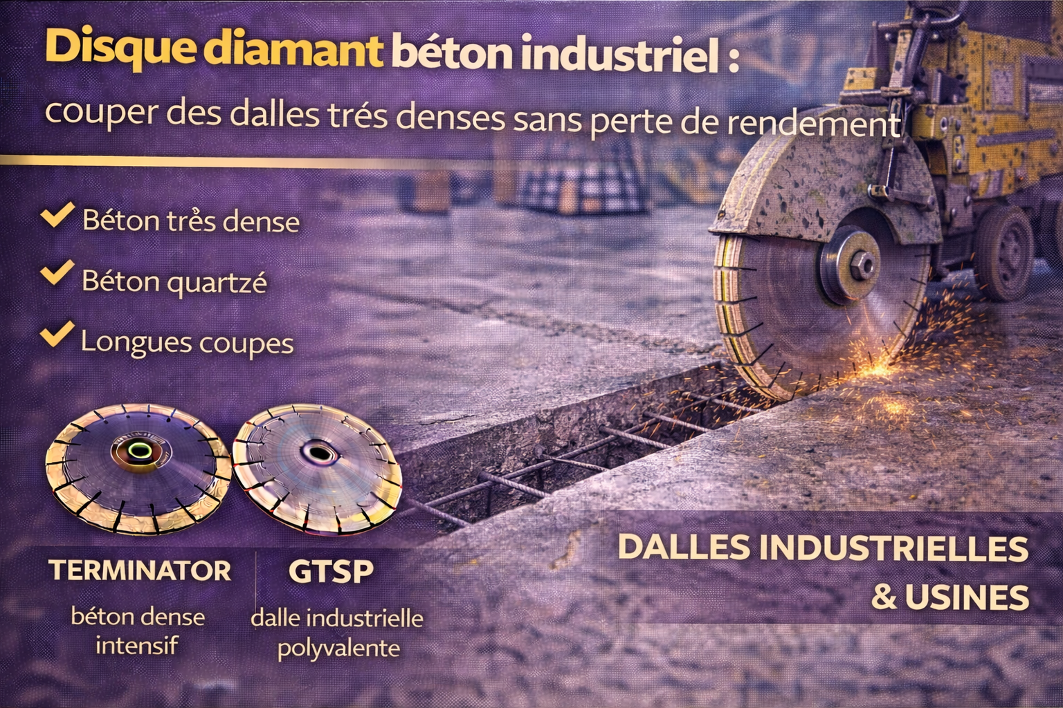 Disque diamant béton industriel : couper des dalles très denses sans perte de rendement