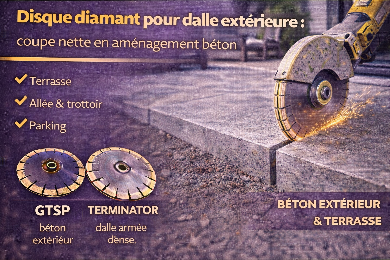 Disque diamant pour dalle extérieure : coupe nette en aménagement béton