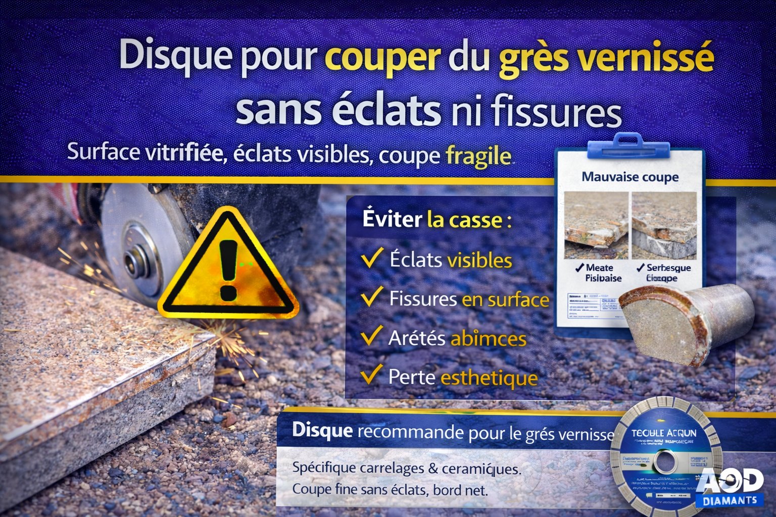 Disque pour couper du grès vernissé sans éclats ni fissures